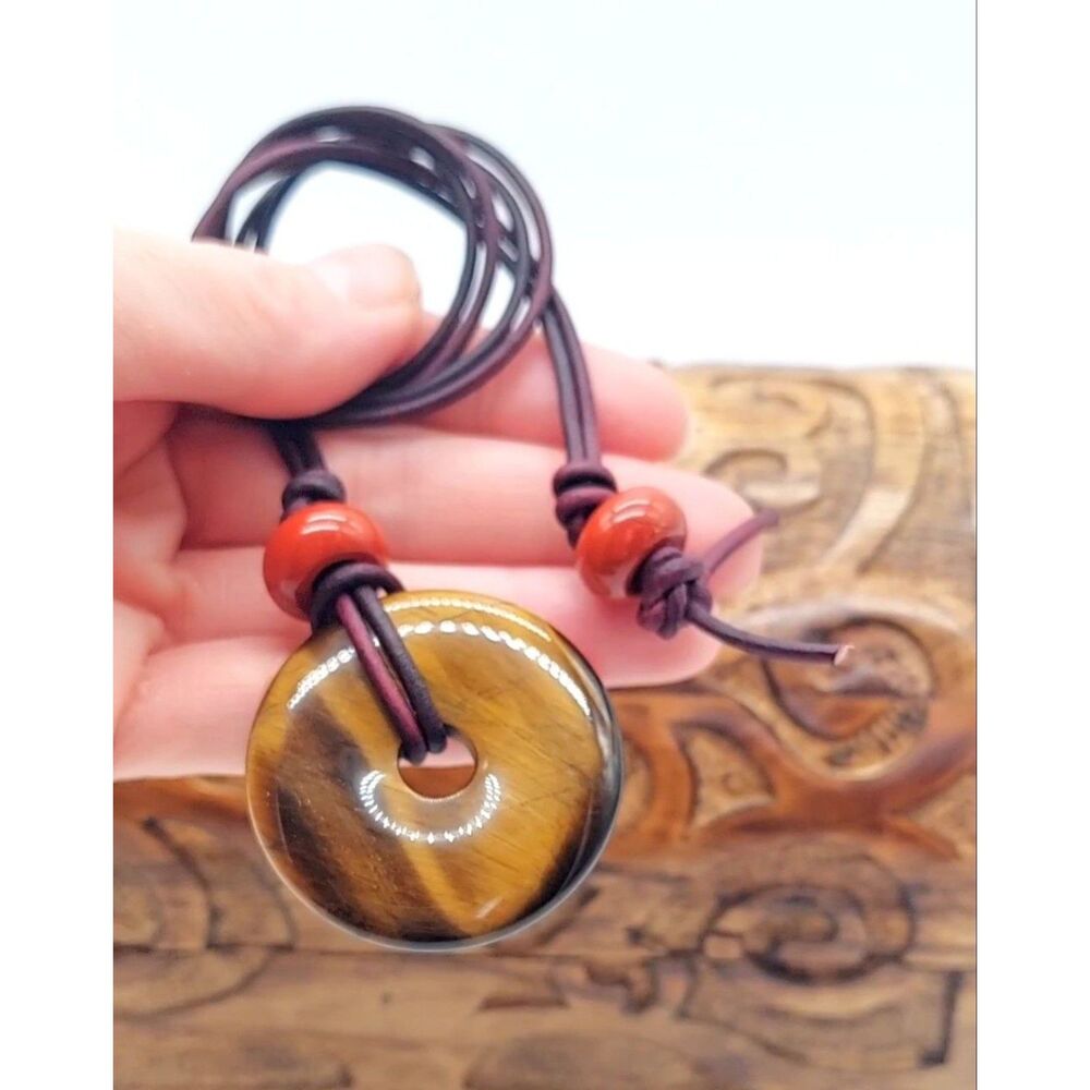 Tigers Eye Necklace Stone Pendant Leather Cord